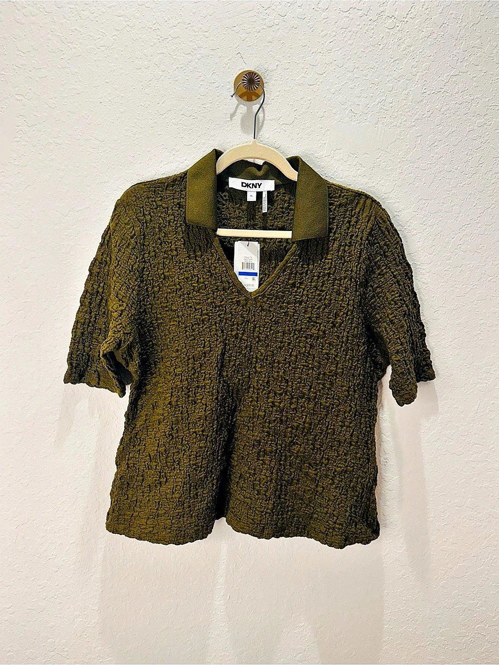DKNY Textured Short Sleeve Top Olive Green XL NWT